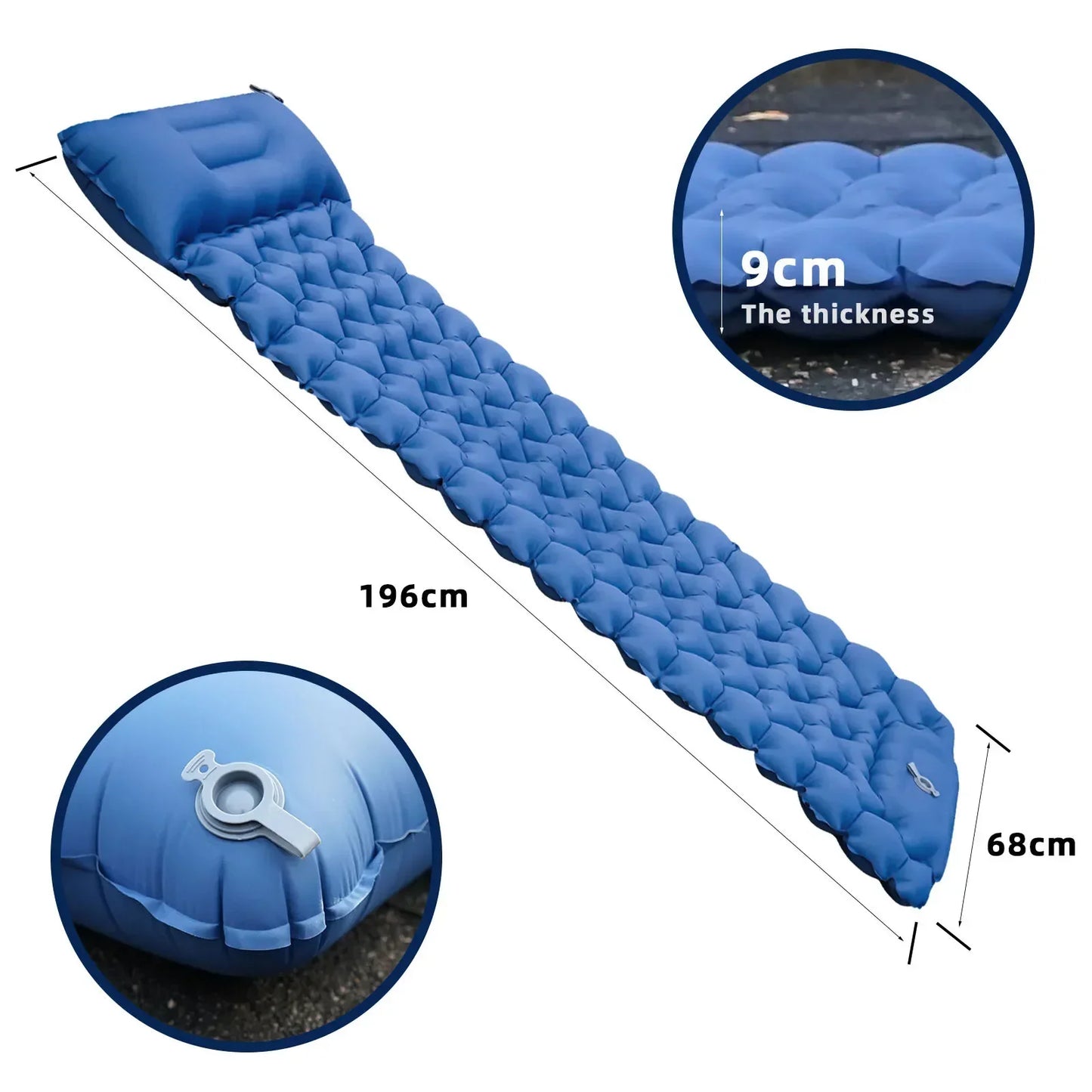 Colchão inflável azul com almofada de ar ultraleve trekking, 9cm de espessura e 196cm de comprimento