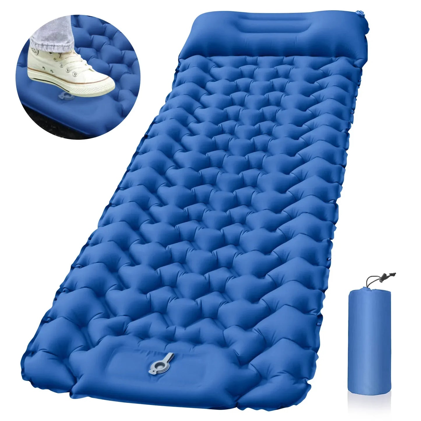 Colchão inflável azul com design acolchoado, ideal para camping e trek, com almofada de ar ultraleve trekking