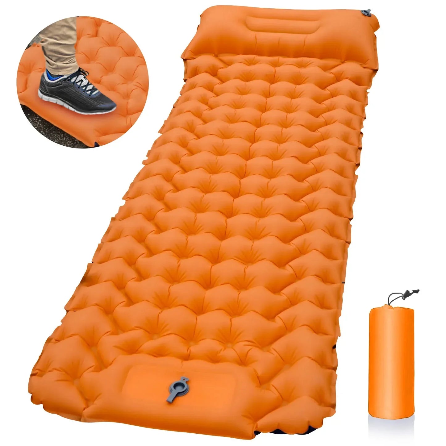 Colchão inflável laranja NOENNAME_NULL com design leve, ideal para camping e almofada de ar ultraleve trekking.