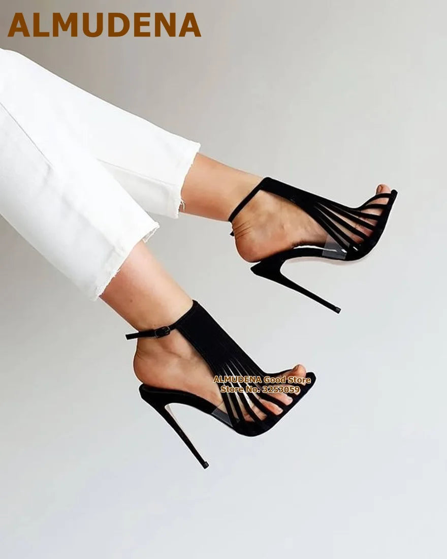 Sapatos femininos com tiras verticais da ALMUDENA em preto, perfeitos para eventos elegantes