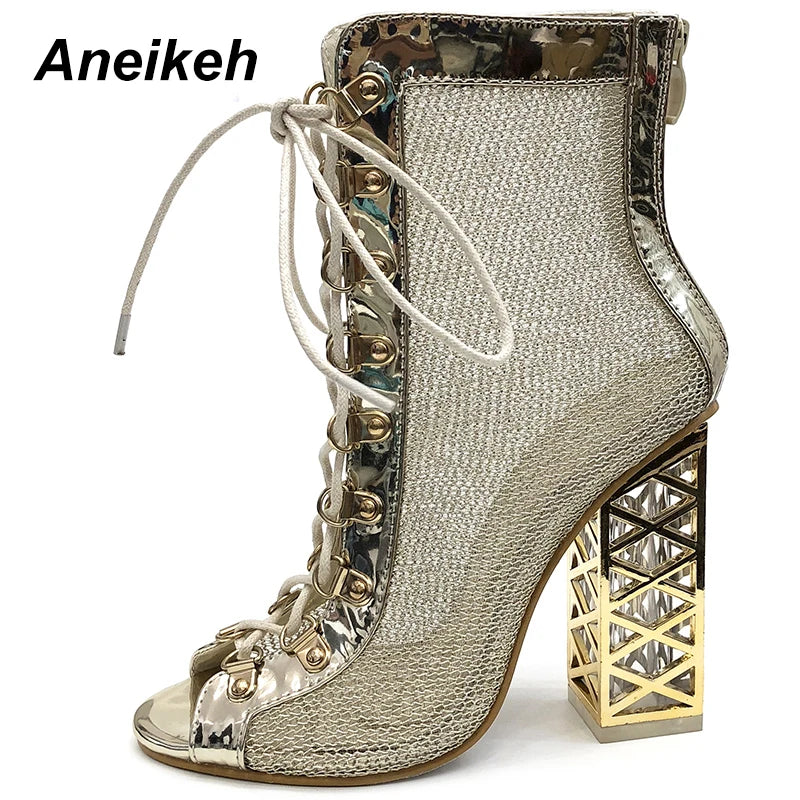 Sandálias femininas ANEIKEH com design metálico e salto alto, estilo botas de tornozelo femininas com salto