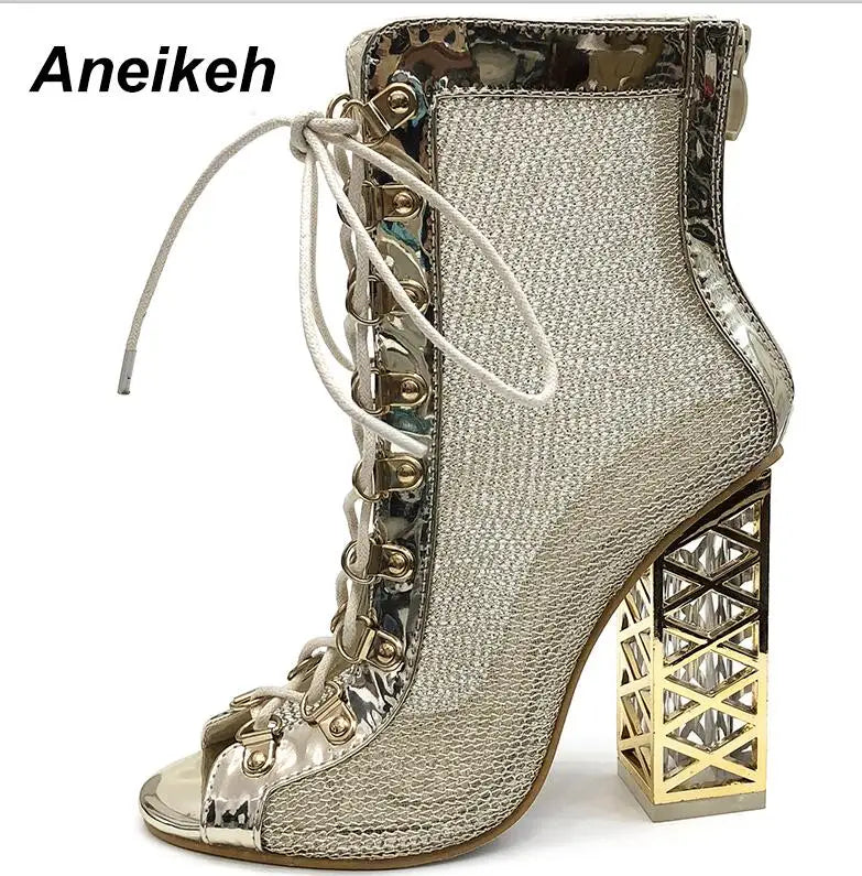 Sandálias femininas ANEIKEH com salto metálico, estilo moderno e design aberto, perfeitas para várias ocasiões