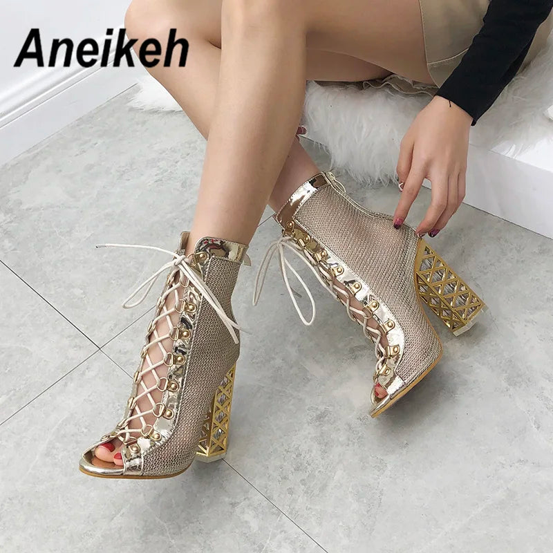 Sandálias femininas ANEIKEH com salto alto e detalhes em renda, ideais para qualquer ocasião, botas de tornozelo femininas com salto