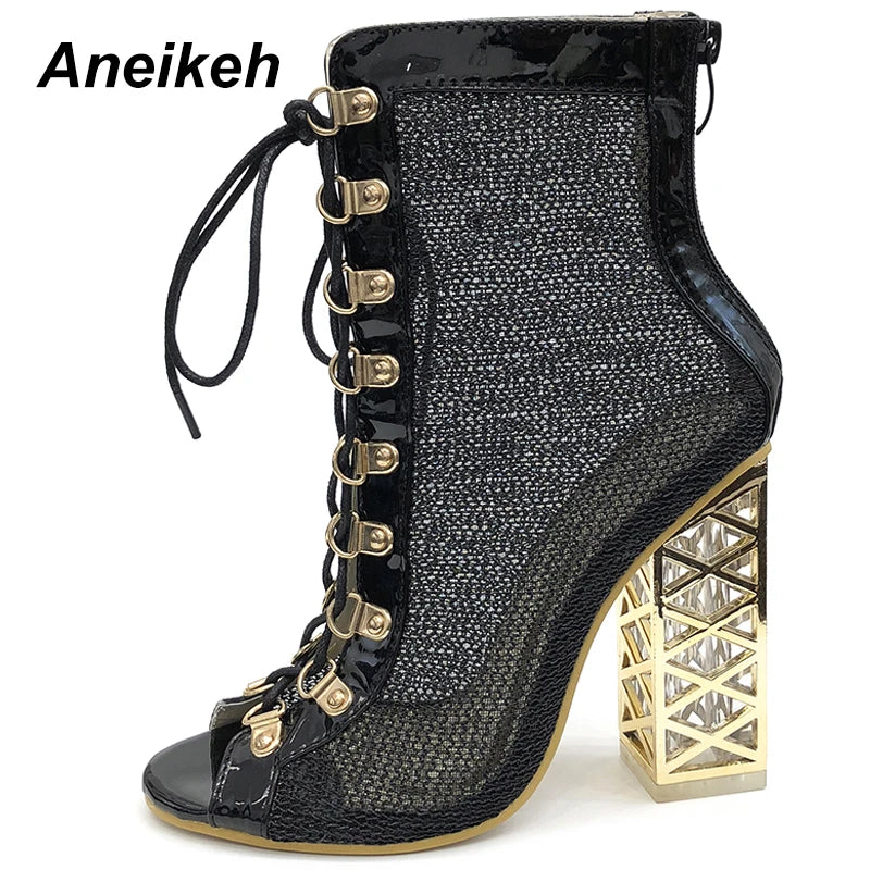 Botas de tornozelo femininas com salto ANEIKEH, detalhes em rede e design elegante com salto geométrico