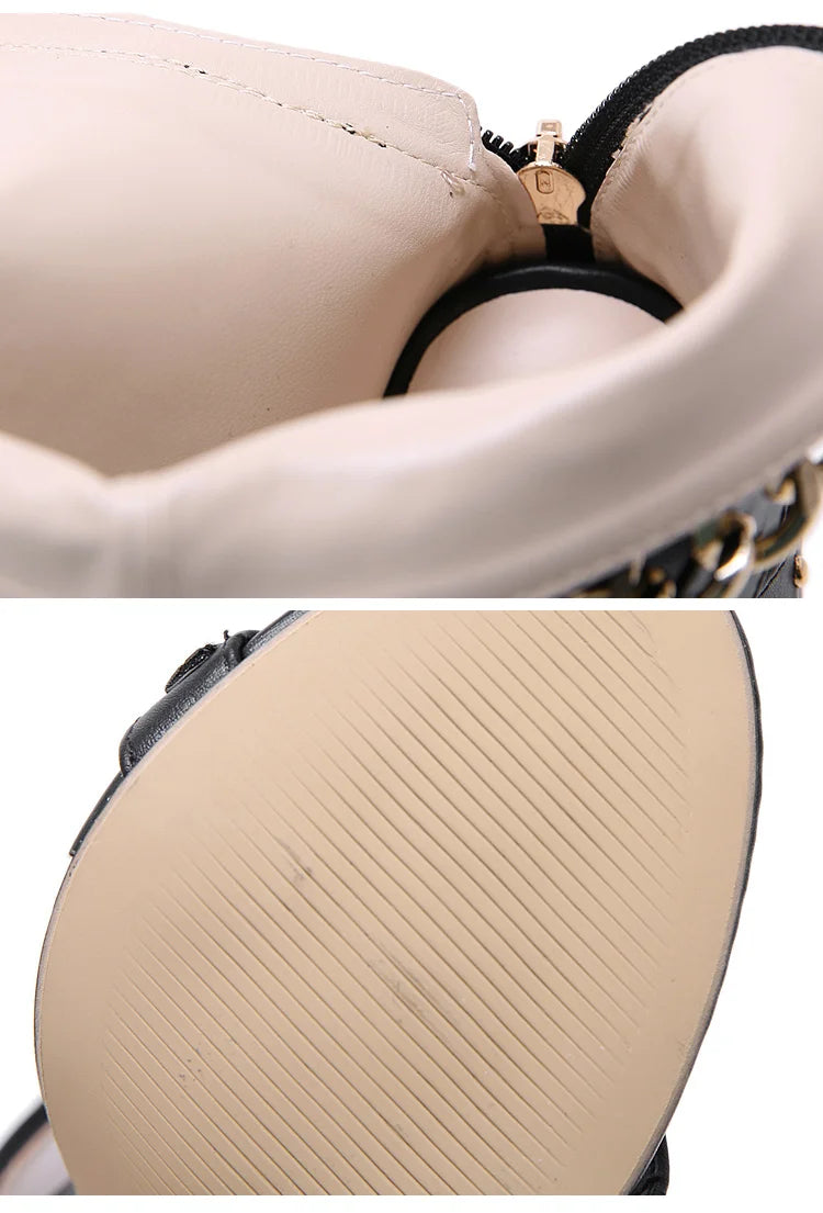 Interior e sola das botas gladiador salto alto ANEIKEH com design elegante e solado antiderrapante