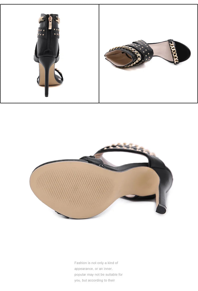 Sandália feminina ANEIKEH em preto com detalhes dourados, ideal como botas gladiador salto alto