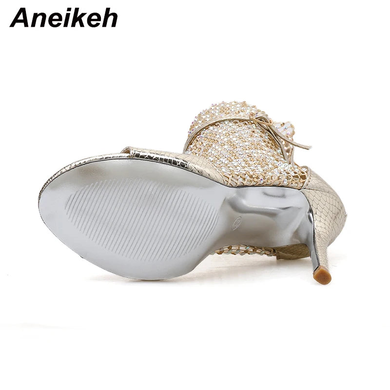 Sola de sandálias femininas ANEIKEH, estilo botas peep-toe de festa, com detalhes elegantes