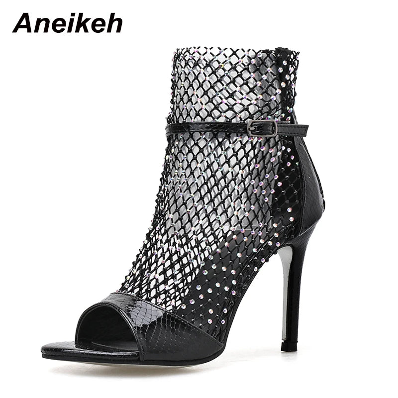 Sandálias femininas ANEIKEH em preto estilo botas peep-toe de festa com detalhes brilhantes