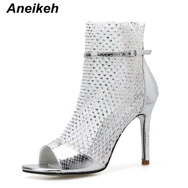 Botas peep-toe de festa ANEIKEH em prata com design moderno e salto alto elegante