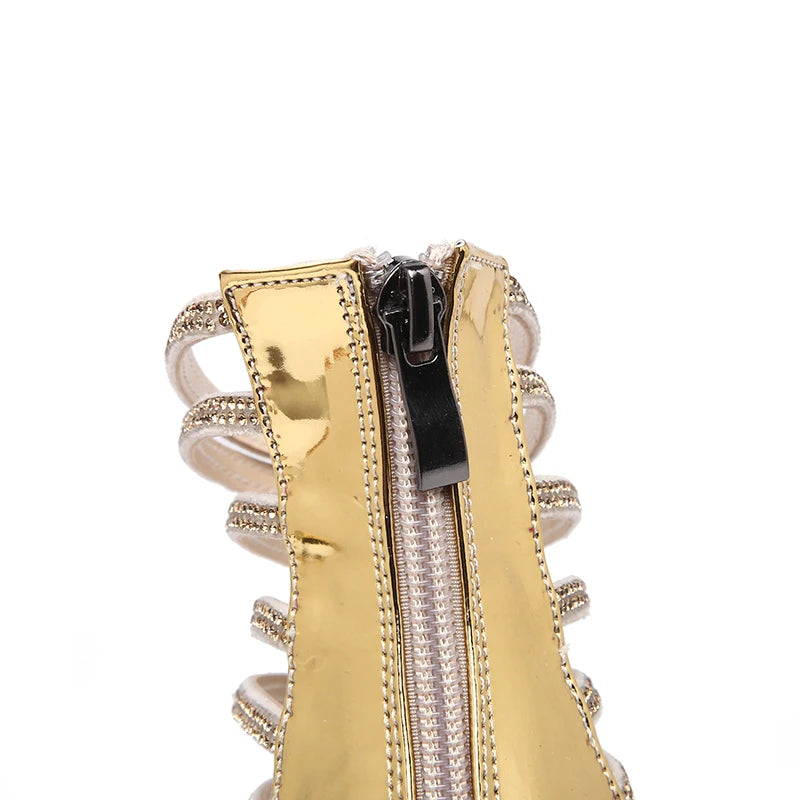Sandálias femininas Comemore com salto alto com strass e fechamento em zíper para um look elegante