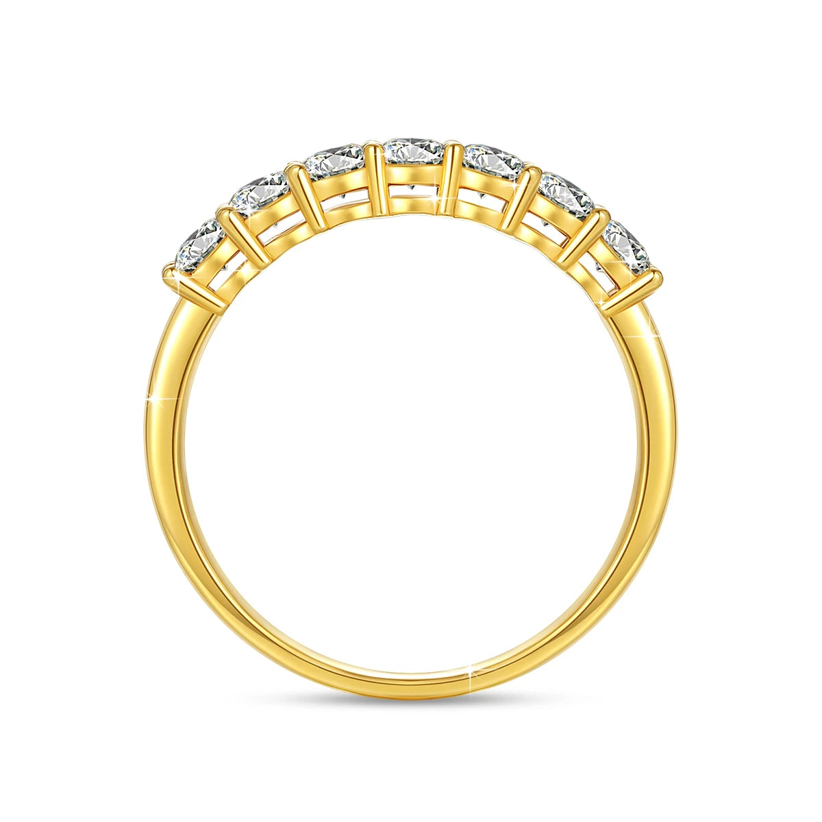 Anel de noivado moissanite com design elegante em ouro amarelo e pedras brilhantes dispostas em fileira