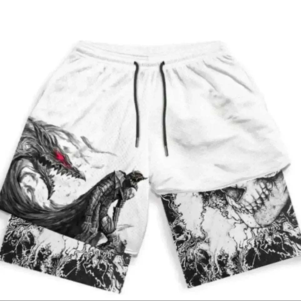 Shorts masculino anime LAMLKKY com estampa de dragão e guerreiro em preto e branco, ideal para treino