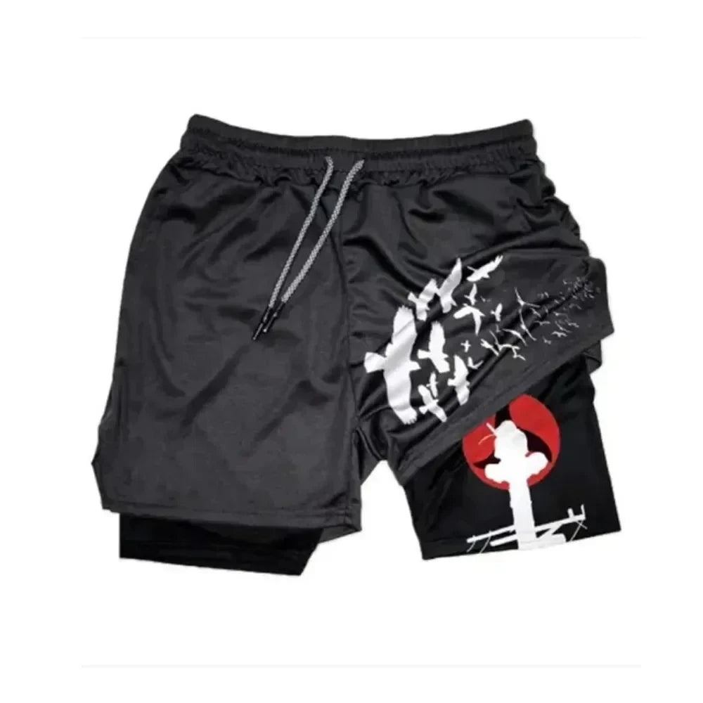 Shorts masculinos anime da LAMLKKY em preto com estampa de pássaros e círculo vermelho