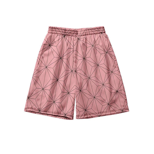 Shorts masculino anime em rosa com estampa geométrica moderna para estilo casual