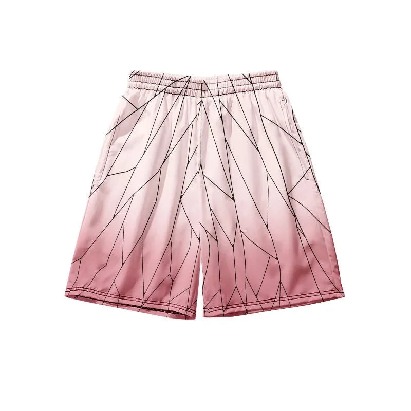 Shorts masculino anime com design geométrico em tons de rosa, ideal para fãs de moda e conforto