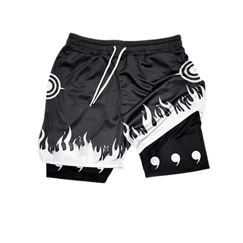 Shorts masculino anime LAMLKKY em preto com detalhes em chamas brancas para estilo esportivo
