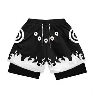 Shorts masculinos anime LAMLKKY com estampa de fogo e detalhes em preto e branco para estilo moderno