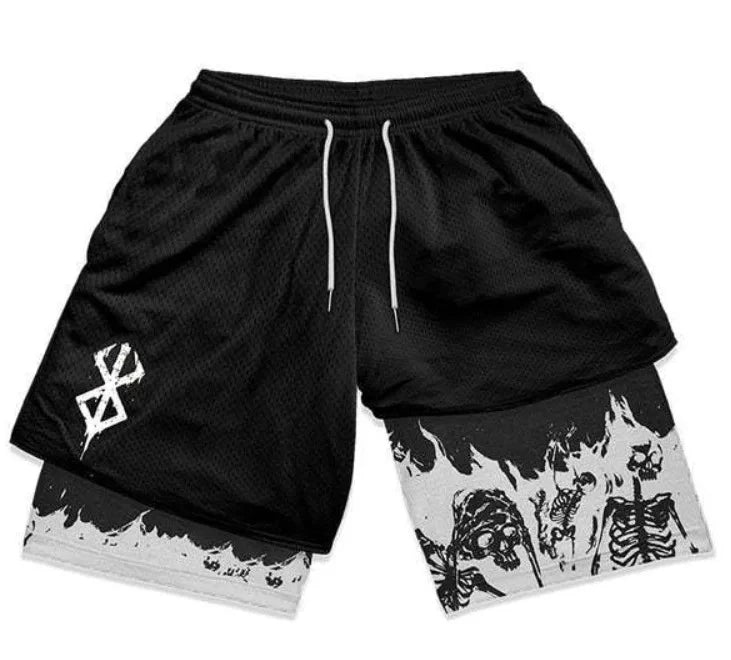 Shorts masculino anime LAMLKKY em preto com estampa de esqueleto na parte inferior