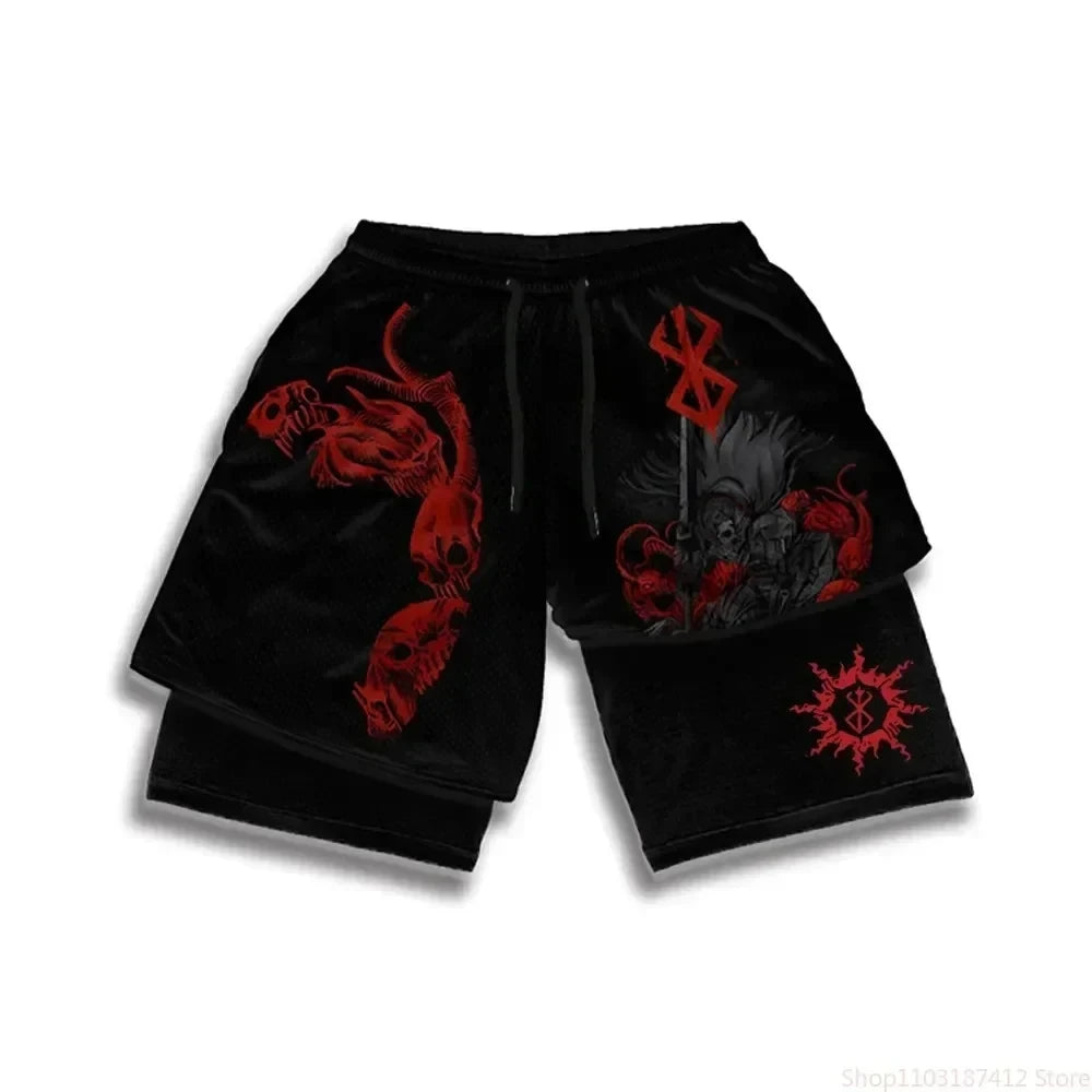 Shorts masculino anime preto com estampa vermelha e detalhes gráficas para treinos e lazer