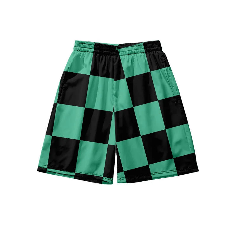 Shorts masculino anime em estampa de quadriculado verde e preto, ideal para fãs de cultura pop