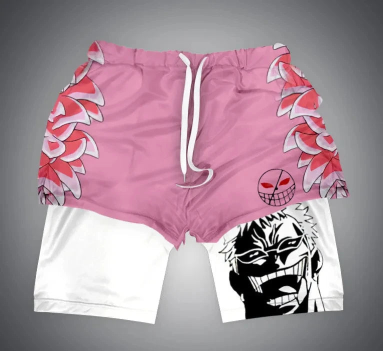 Shorts masculino anime em rosa e branco com estampa de personagem em destaque