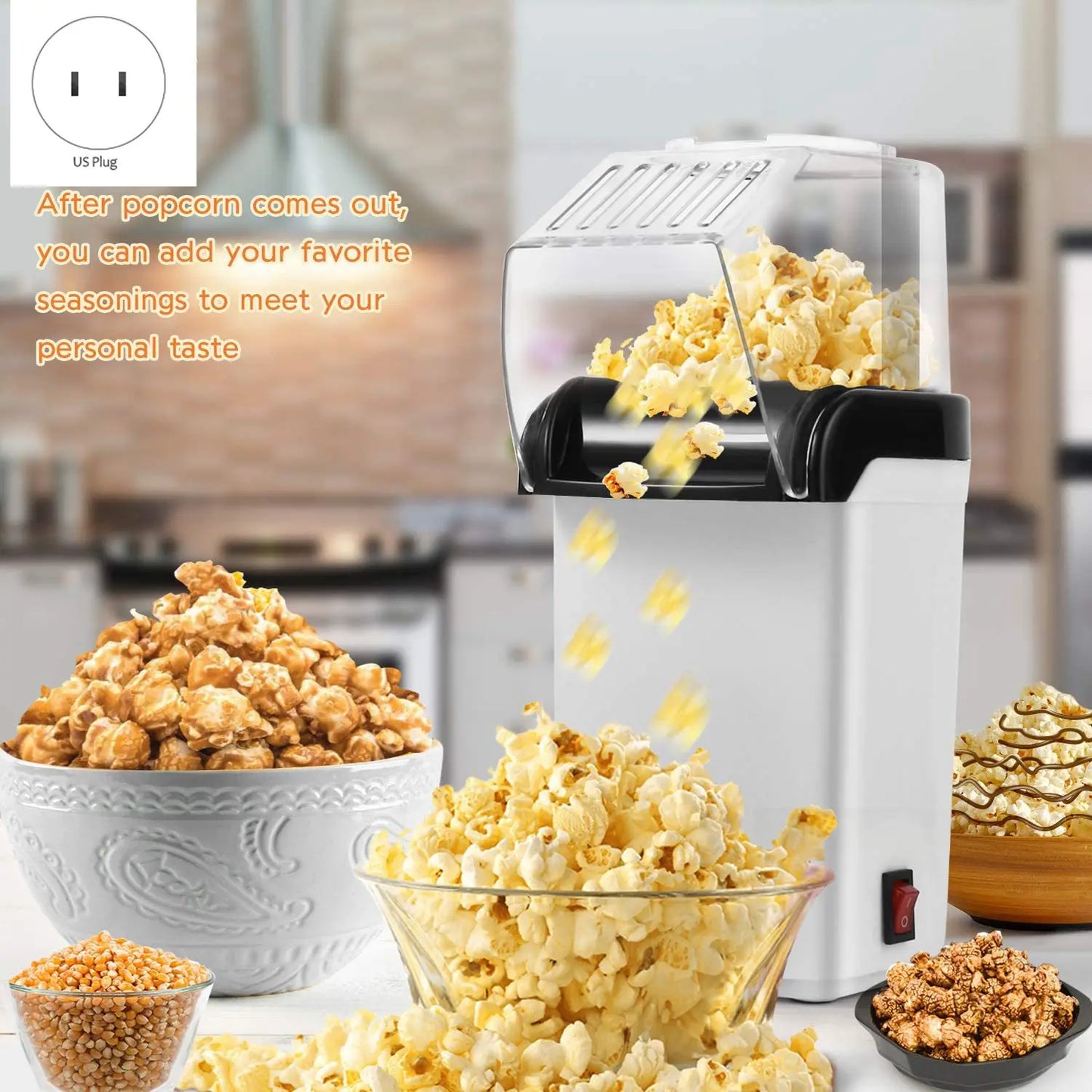Mini máquina de fazer pipoca com plugue americano, ideal para preparar pipoca fresca e deliciosa em casa