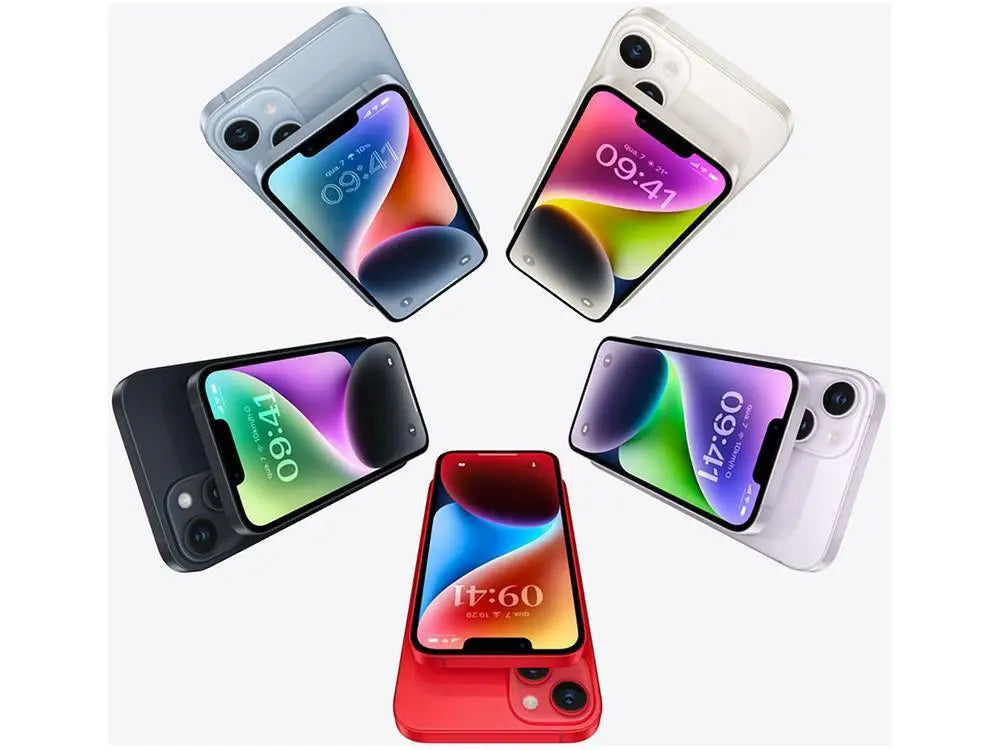 Vários modelos de iPhone 14 Preto Meia Noite e outras cores com telas ligadas