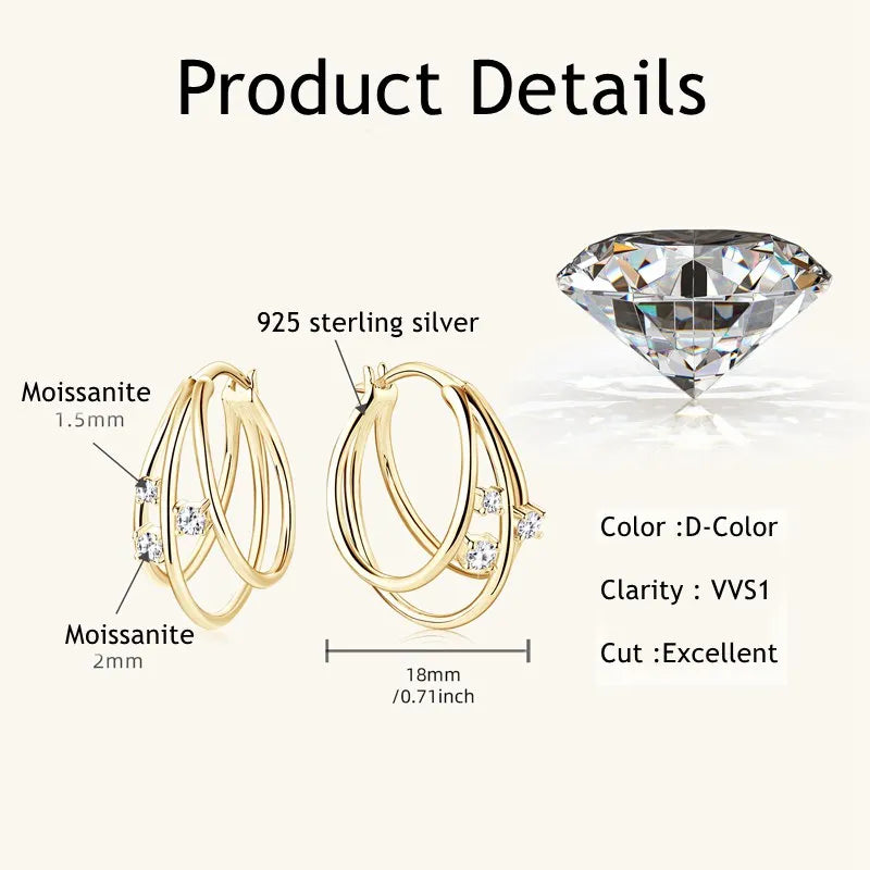 Brincos femininos LNNGY em prata esterlina 925 com argolas moissanite femininas e design elegante