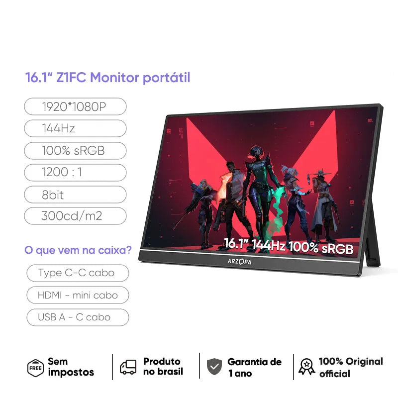 Monitor de jogos portátil ARZOPA 16,1" 144Hz com resolução 1920x1080 e suporte 100% sRGB