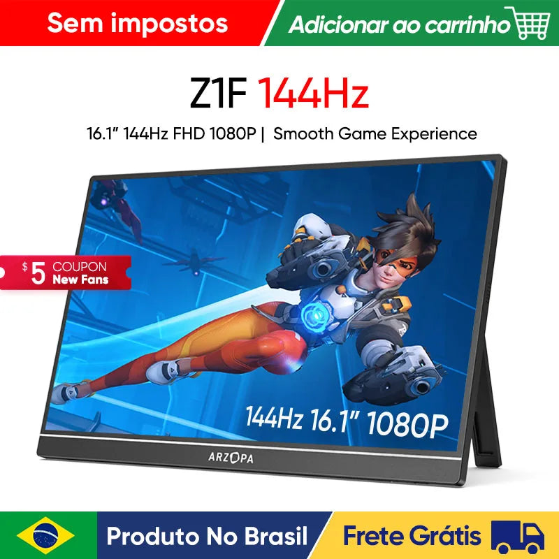 Monitor de jogos 16,1" 144Hz ARZOPA com resolução FHD 1080P para uma experiência de jogo suave