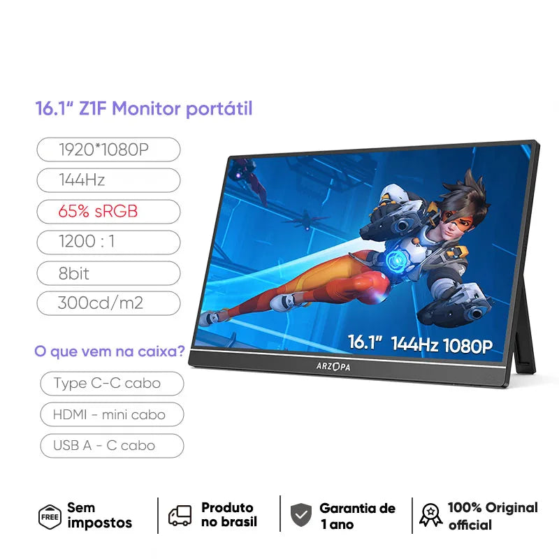 Monitor de jogos 16,1" 144Hz ARZOPA portátil com resolução de 1920x1080P e cores 65% sRGB