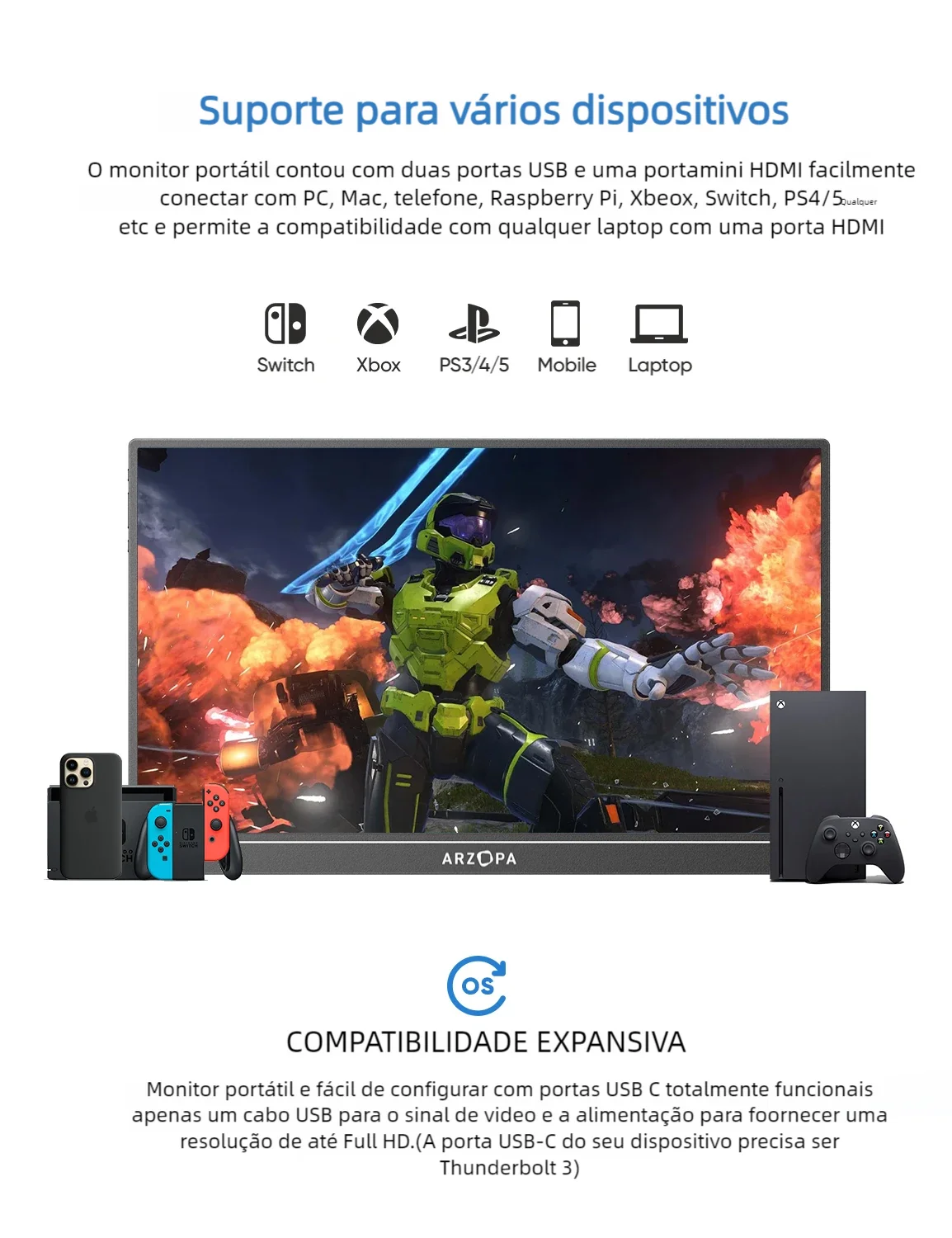 Monitor de jogos portátil ARZOPA 16,1" 144Hz com suporte para vários dispositivos e conexão HDMI