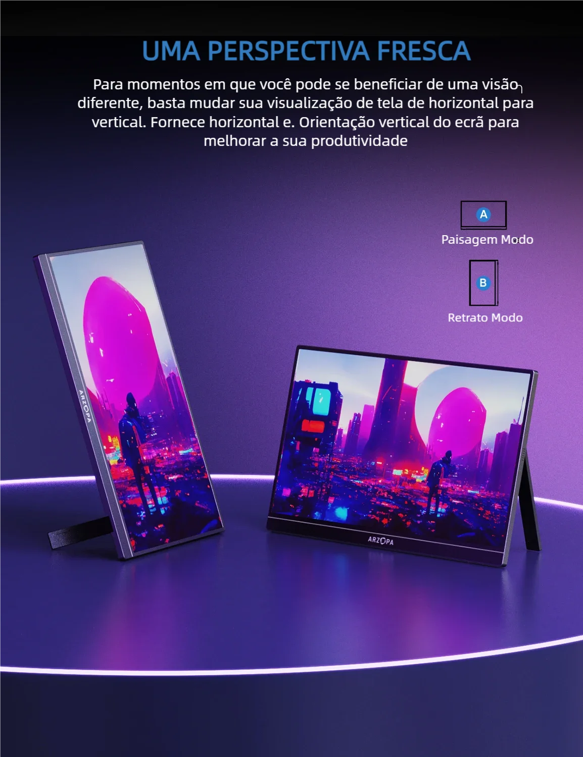 Monitor de jogos 16,1" 144Hz ARZOPA em modo paisagem e retrato, ideal para melhorar sua produtividade