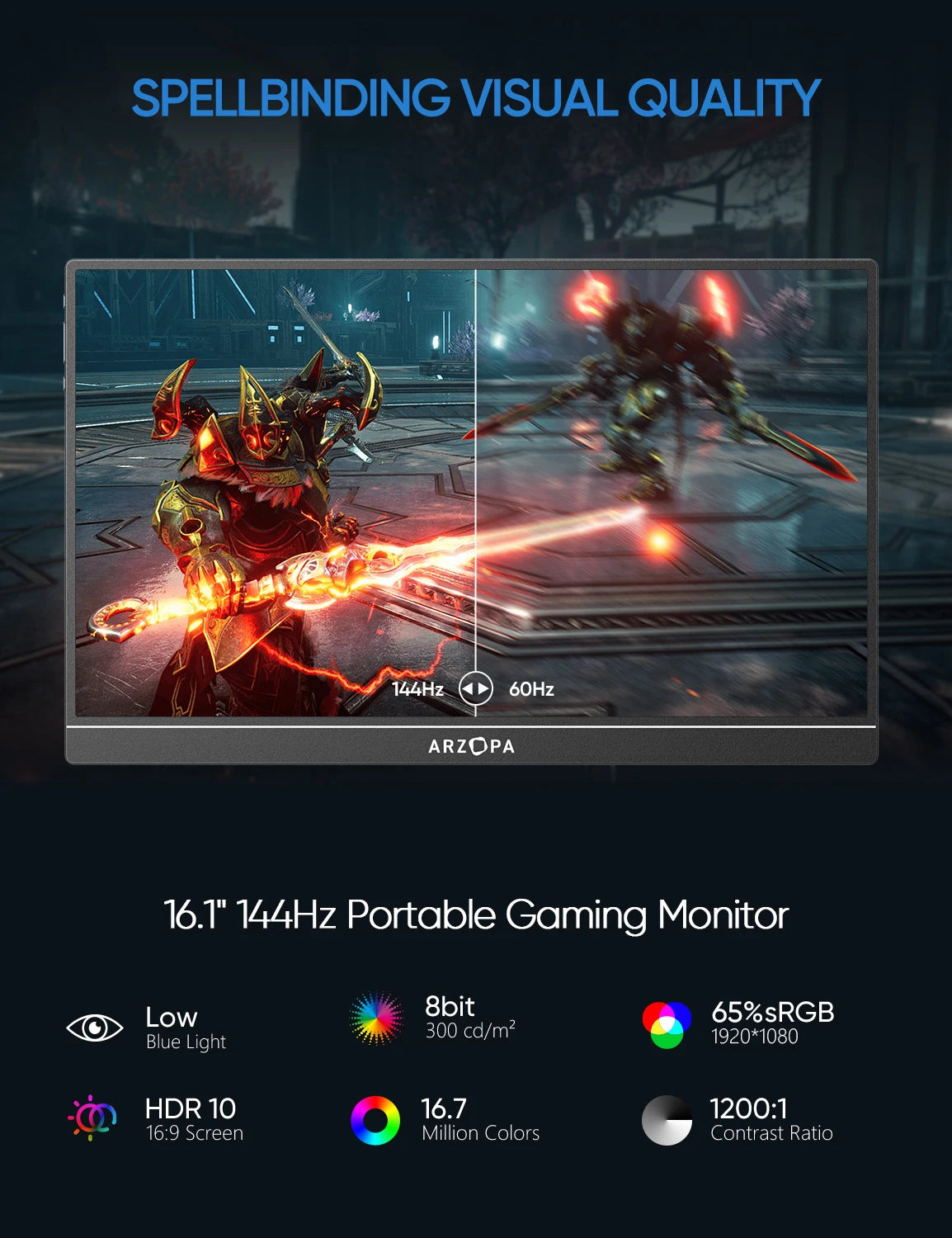 Monitor de jogos 16,1" 144Hz ARZOPA com qualidade visual impressionante e cores vibrantes