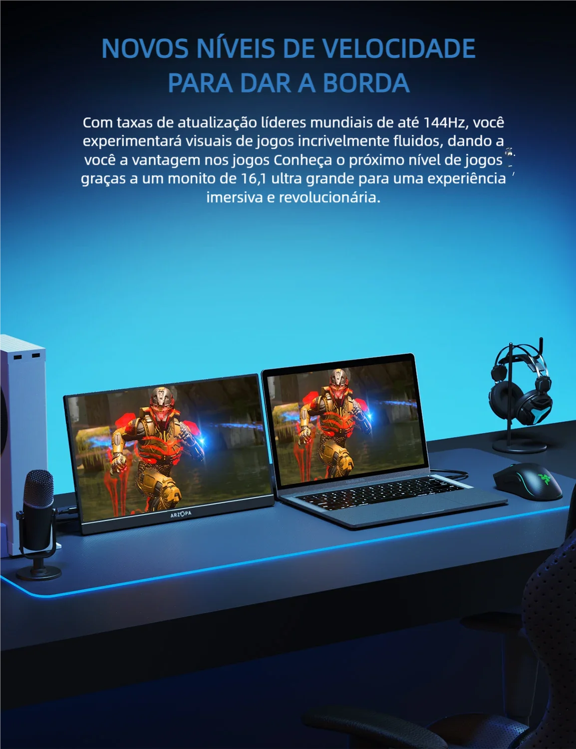 Monitor de jogos 16,1" 144Hz ARZOPA em ambiente de jogo com imagem vibrante em duas telas