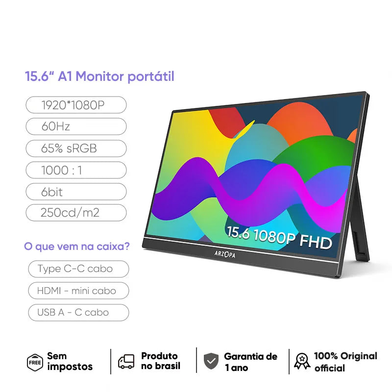 Monitor portátil ARZOPA de 15,6 polegadas como segunda tela para laptop com resolução 1920x1080P