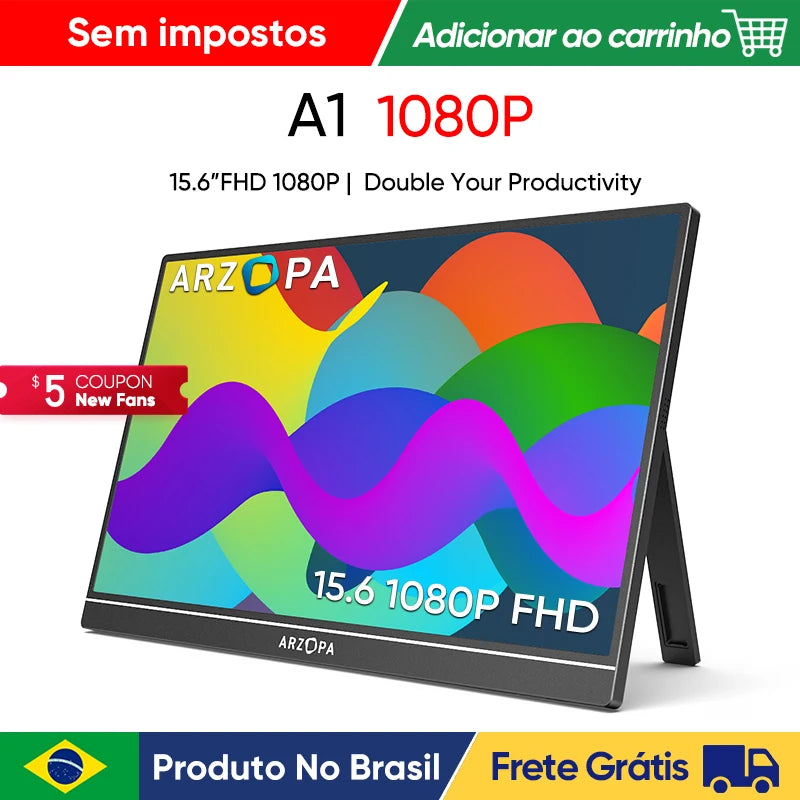 Monitor ARZOPA de 15.6 polegadas FHD 1080P como segunda tela para laptop, ideal para aumentar a produtividade