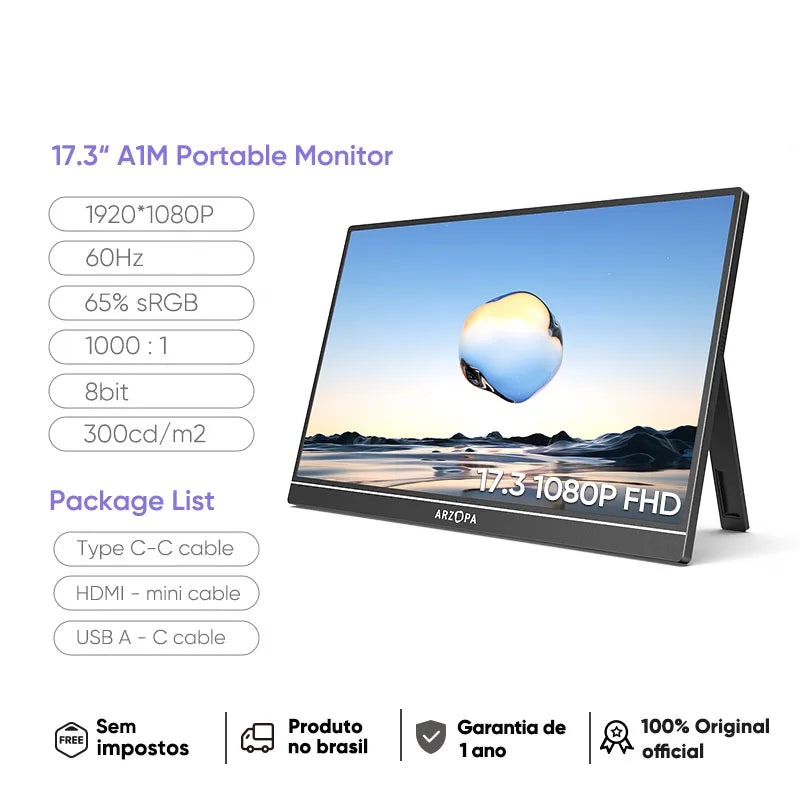 Monitor portátil ARZOPA de 17.3 polegadas, ideal como segunda tela para laptop com resolução 1920x1080P