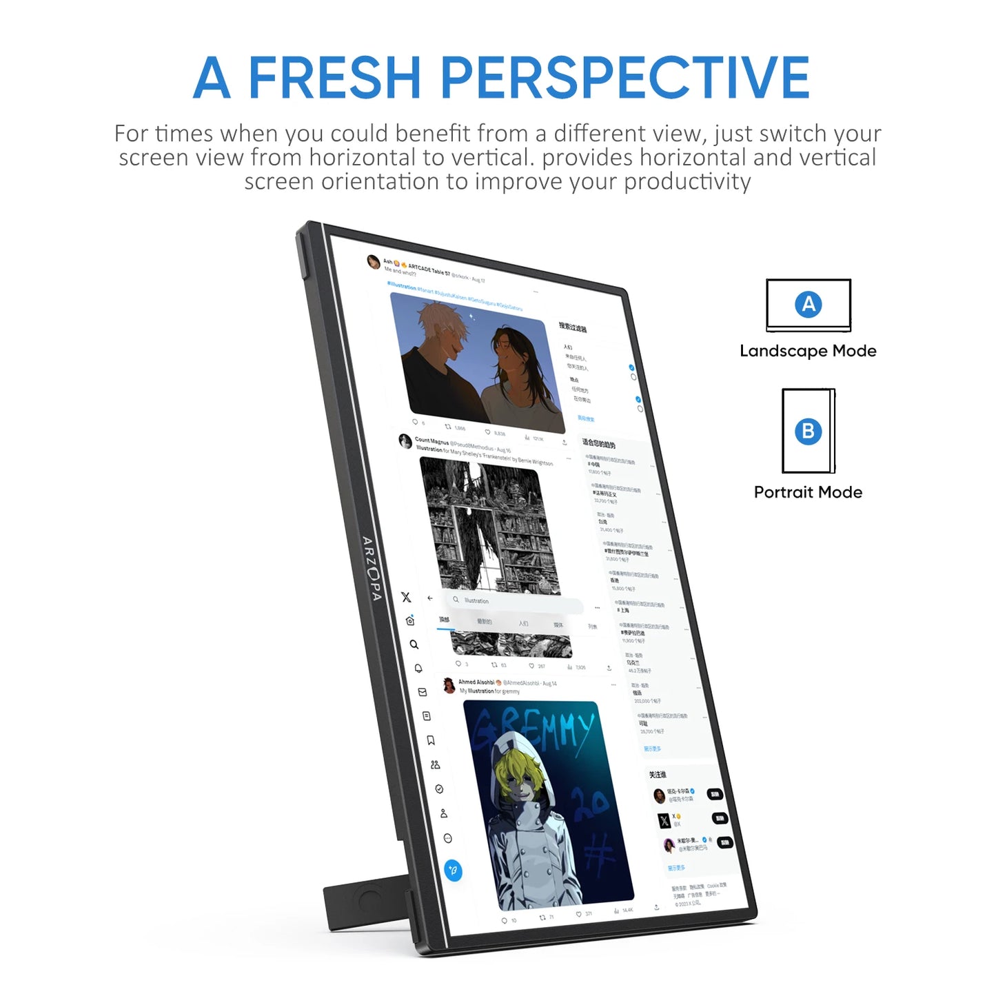 Monitor ARZOPA com modo retrato e paisagem, ideal como segunda tela para laptop para aumentar a produtividade