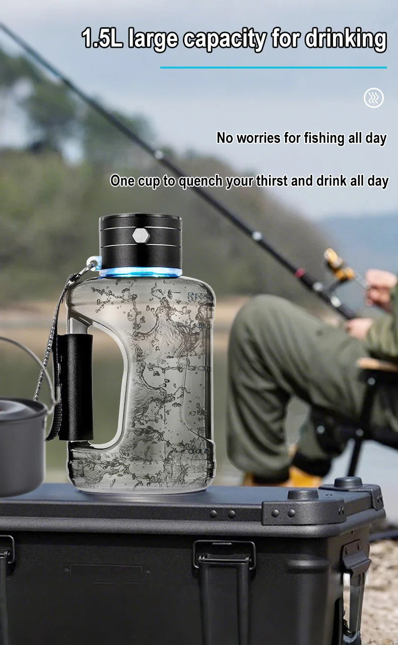 Garrafa hidrogênizadora transparente 1.5L com alça e tampa preta para pesca e treino garrafa esportiva 1.5 litros para academia