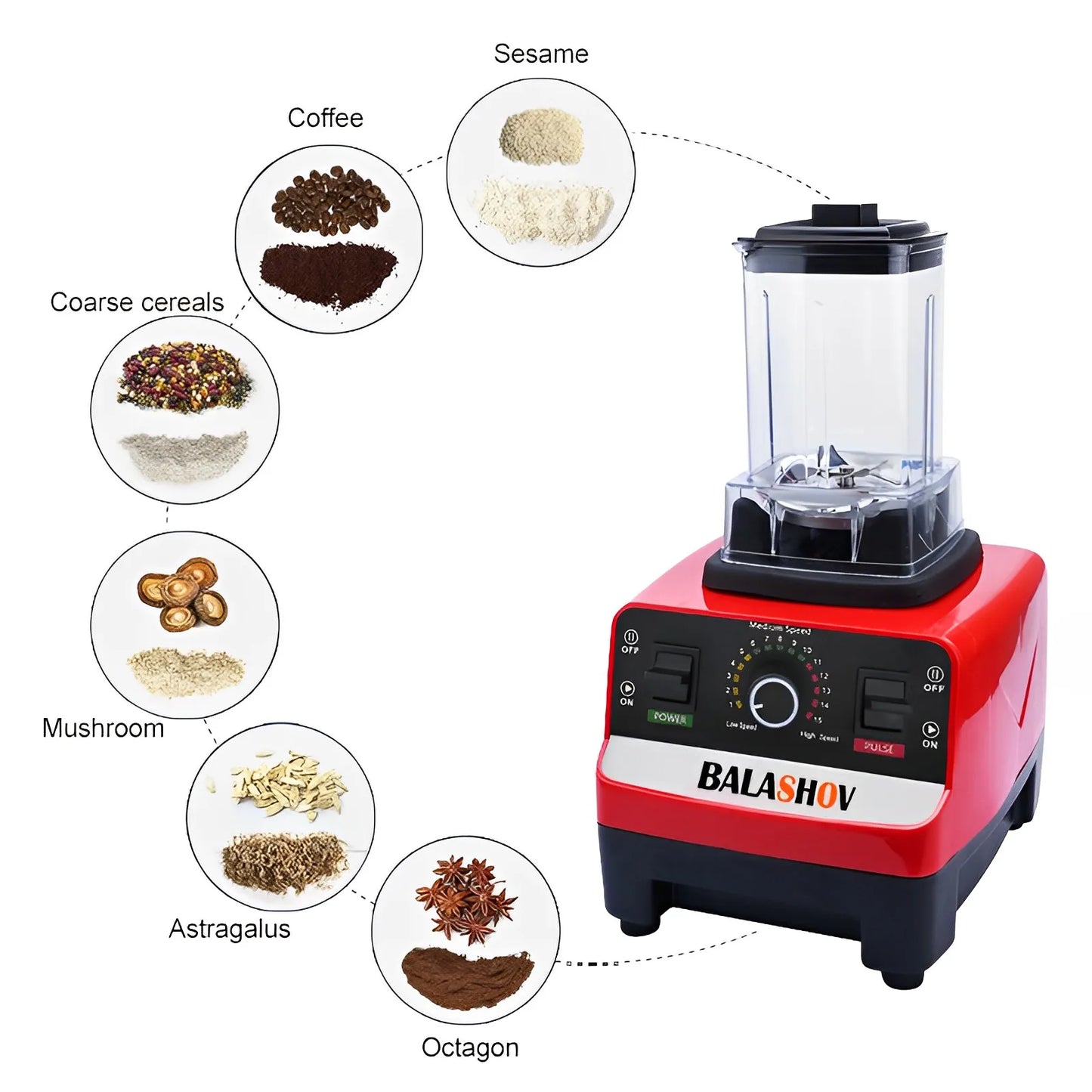 Liquidificador comercial potente BALASHOV com painel de controle, ideal para preparar cereais e especiarias.