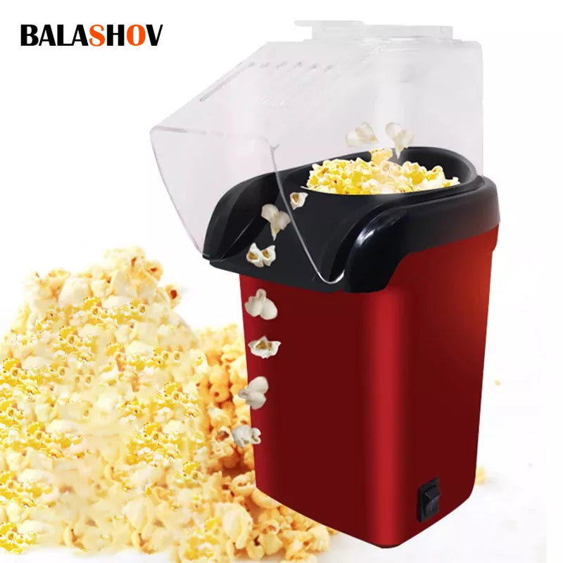 Mini máquina de pipoca automática BALASHOV em vermelho com pipoca fresca sendo feita