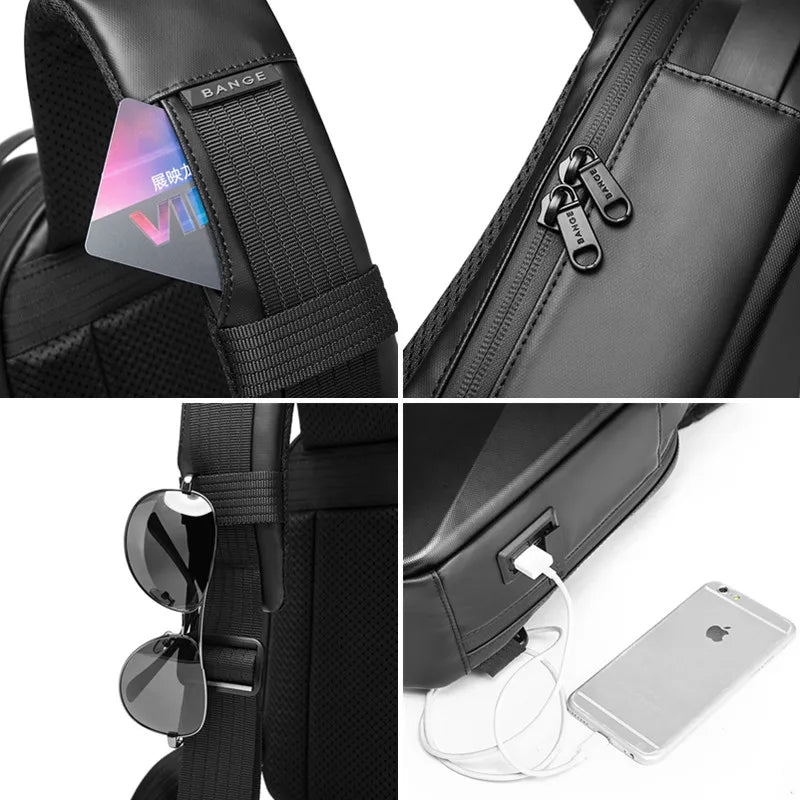 Bolsa masculina design casca dura BANGE com zíperes, compartimento para óculos e porta USB