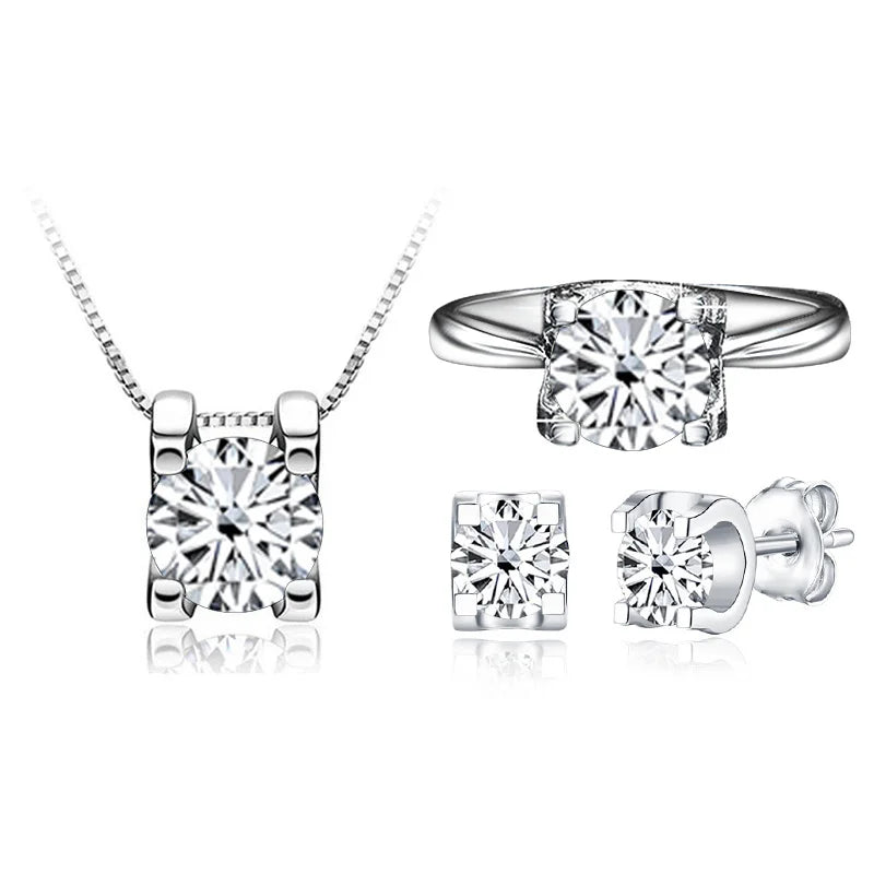 Conjunto de joias femininas moissanite com colar, anel e brincos em prata brilhante