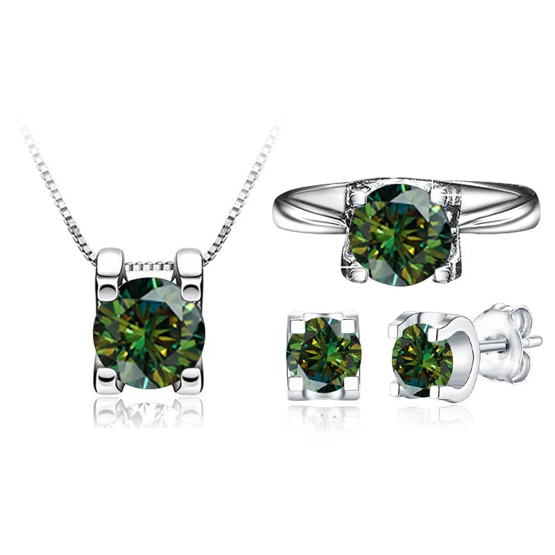Conjunto de joias femininas moissanite com colar, anel e brincos em prata com pedras verdes
