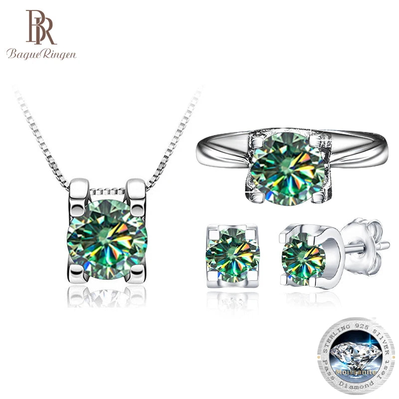 Conjunto de joias femininas moissanite com colar, anel e brincos em prata 925.
