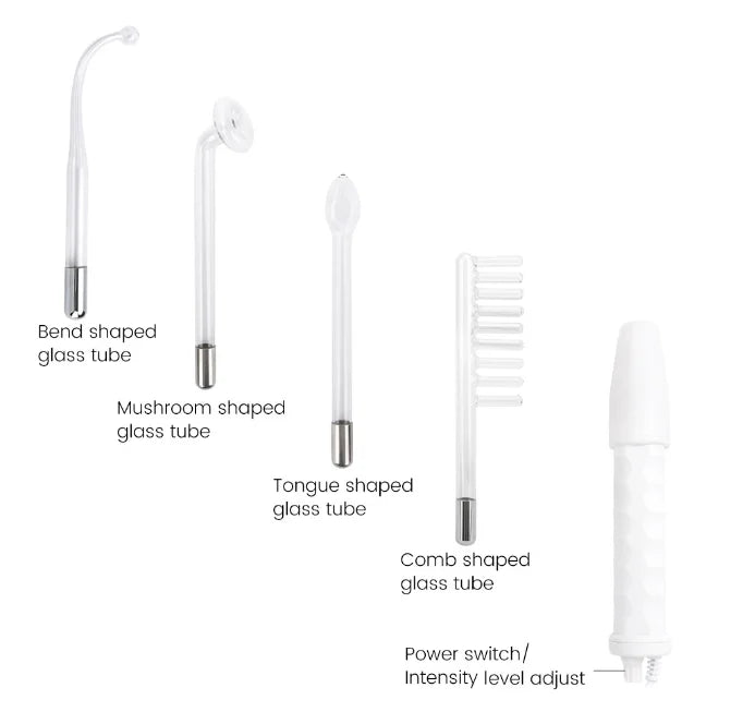 OMSBIKIN ferramentas faciais para cuidados com a pele conjunto com tubos de vidro curvado, cogumelo, língua, pente e cabo ajustável