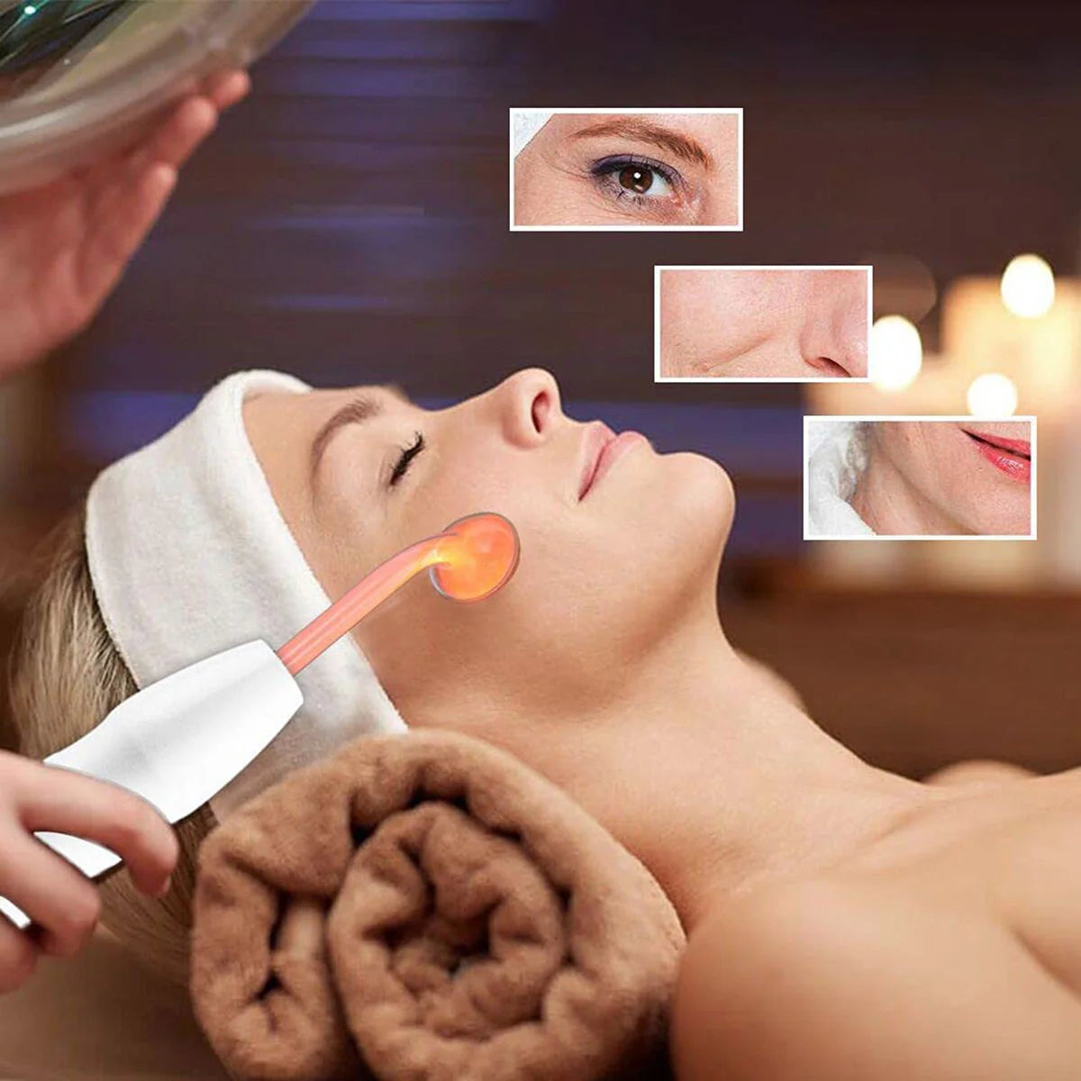 OMSBIKIN aplicador facial luminoso em mulher no spa destacando olhos e bochechas ferramentas faciais para cuidados com a pele