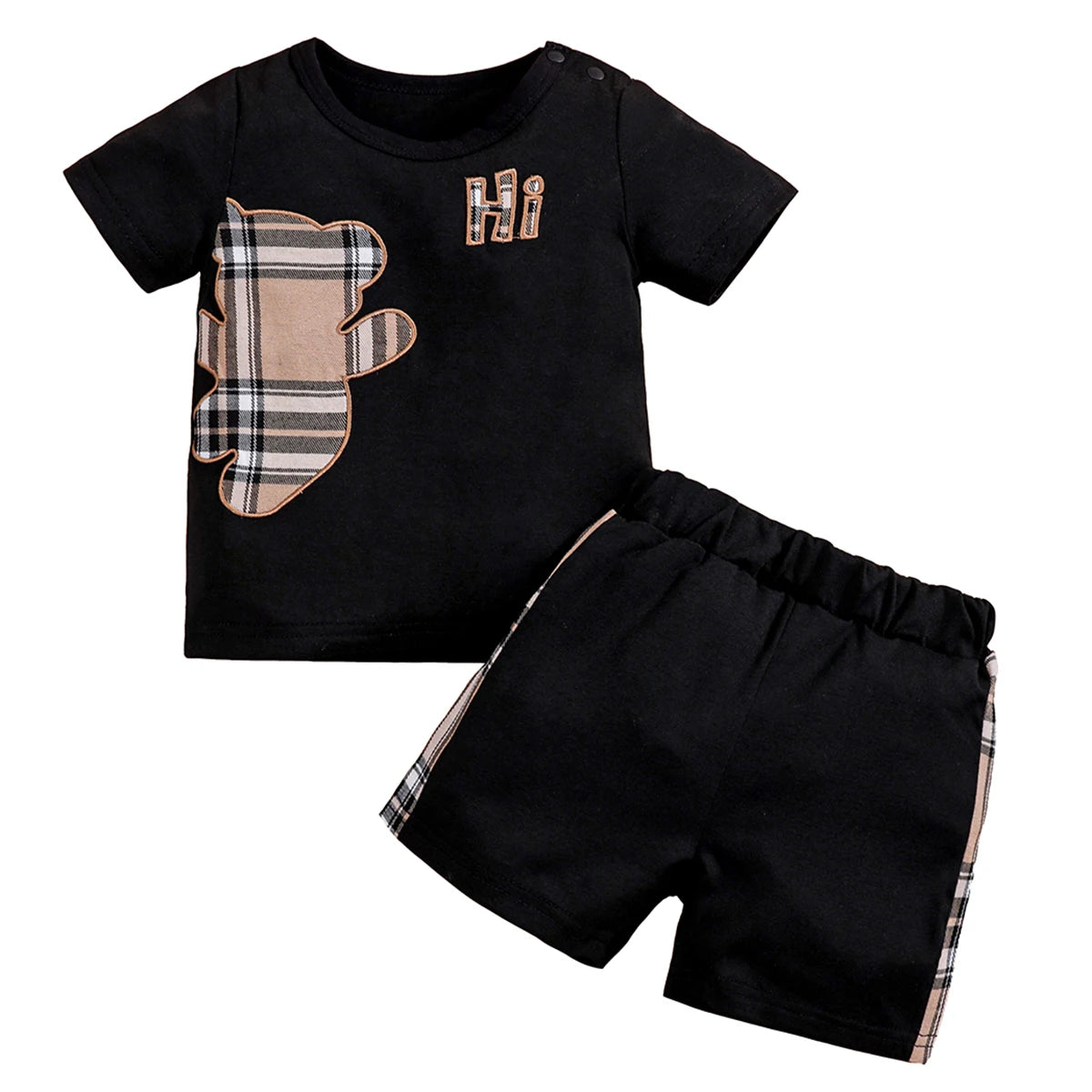 Conjunto IURNXB roupa infantil menino estampa divertida preto com aplique ursinho xadrez camiseta e short com elastico