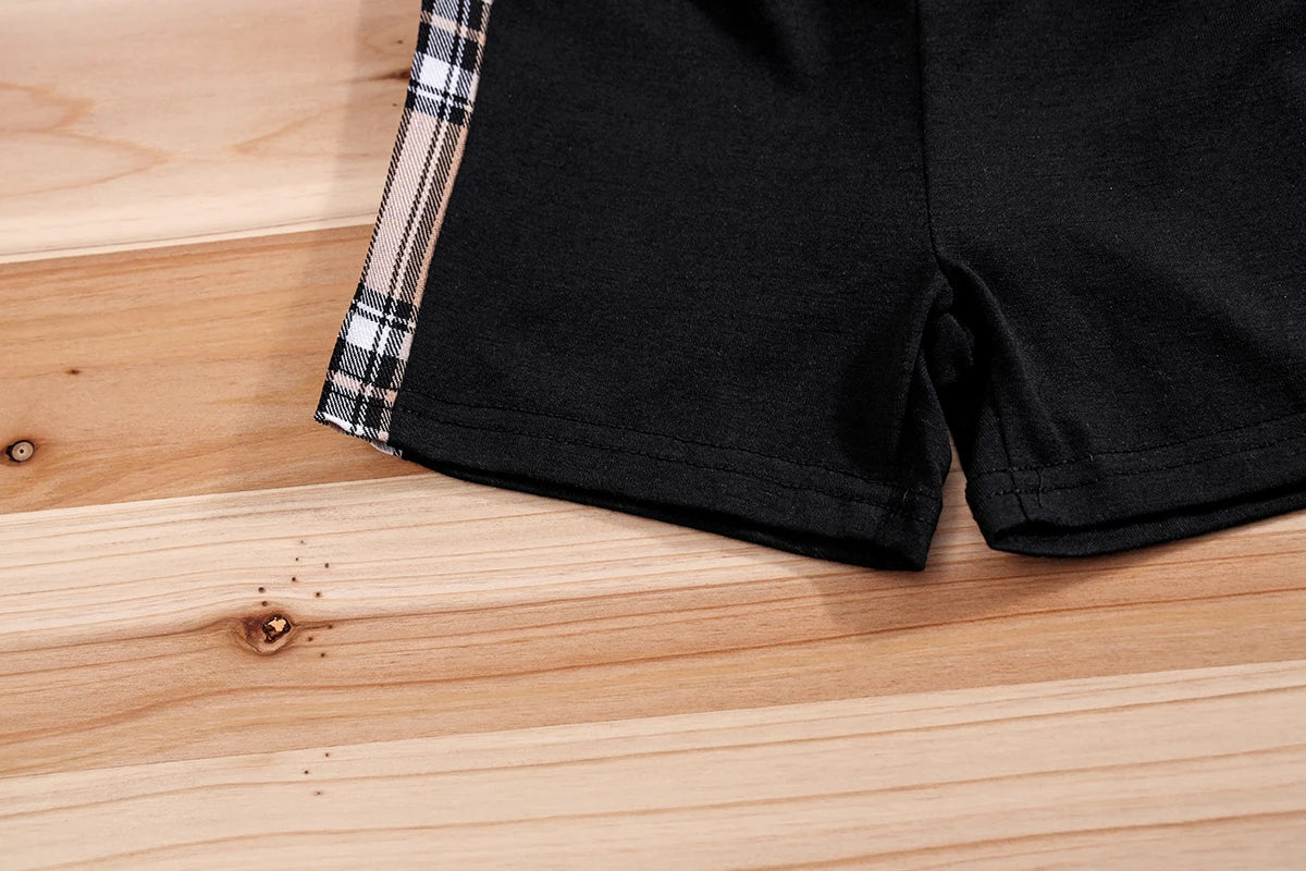 IURNXB conjunto de roupas infantis com short preto e faixa xadrez detalhe roupa infantil menino estampa divertida